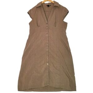 H&M Brown Button Front Midi Shirt Dress Women's 14 Cap Sleeve Textured Cotton